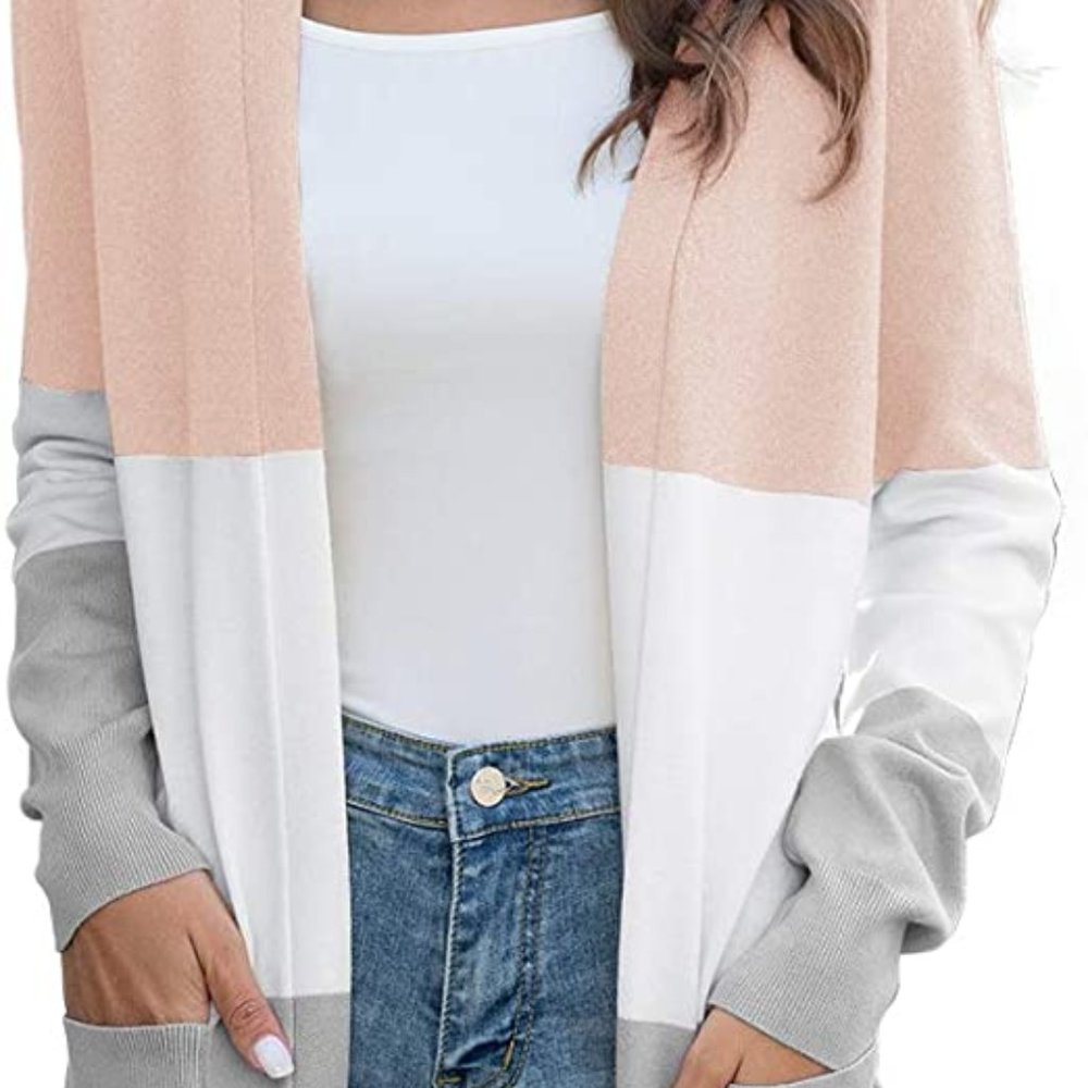 Grey, White, Pink Open Cardigan Sweater